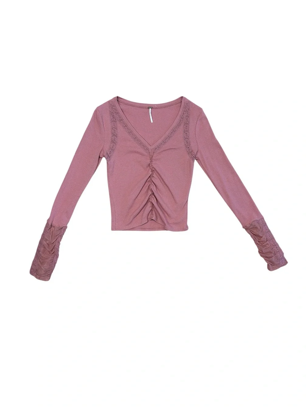Free People Wear Me Out Ruched Lace Sleeve Top In Rose Smoke Womens Size:Small